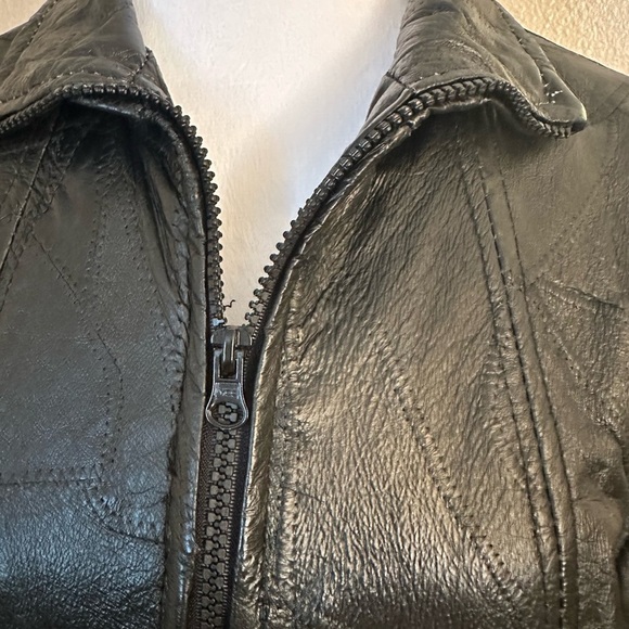 Women's Black Patchwork Leather Jacket Mid hip Small - Picture 4 of 10